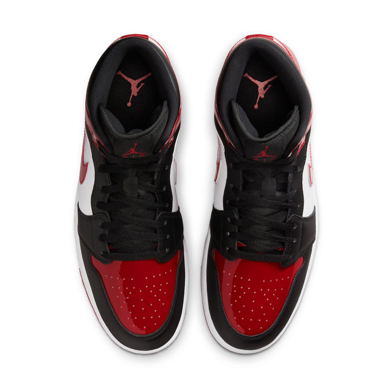 Air Jordan 1 Mid SE sneakers toe view with black laces and red perforated toe
