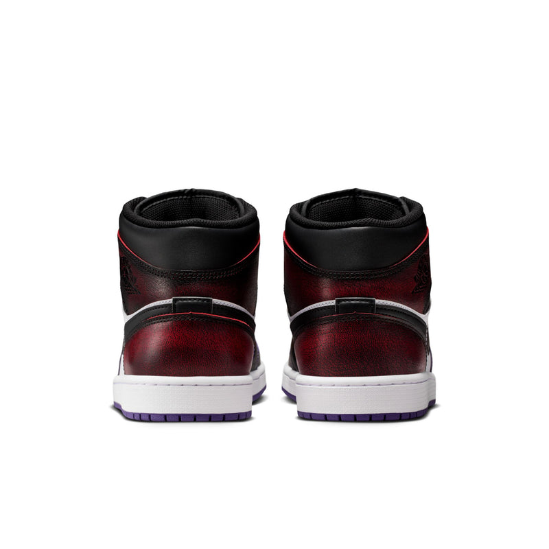 Mid-top sneakers heel view in black and burgundy-red leather with white midsole and purple tread