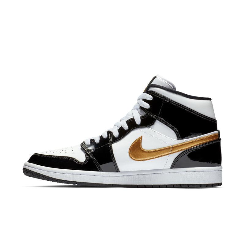 Men's mid-top sneakers, black/white with metallic gold Nike swoosh and white toe