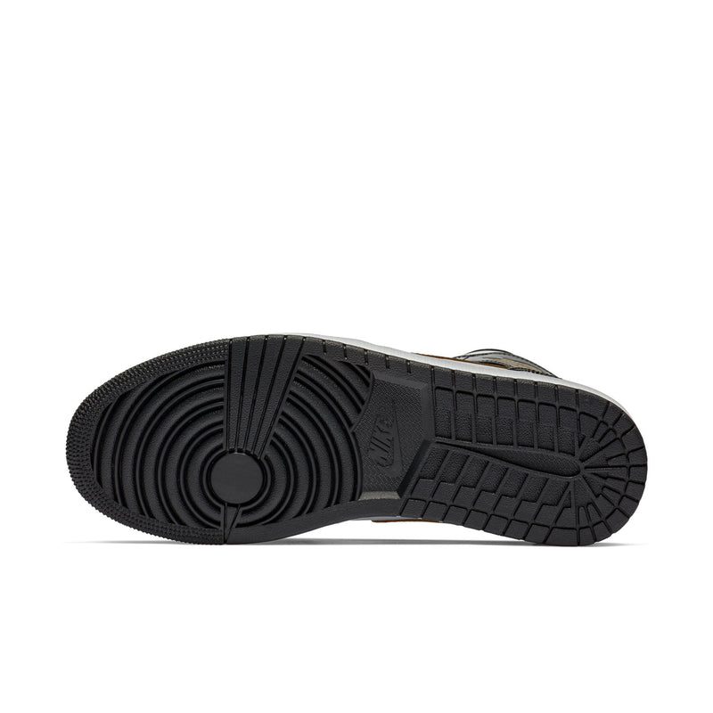 Men's mid-top sneaker outsole, black rubber tread with circular pivot pattern