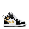 Toddler high-top sneakers, black and white with gold swoosh, lace-up side view