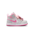 Toddler high-top sneakers in light gray with pink swoosh, pink laces, and ruffled tongue