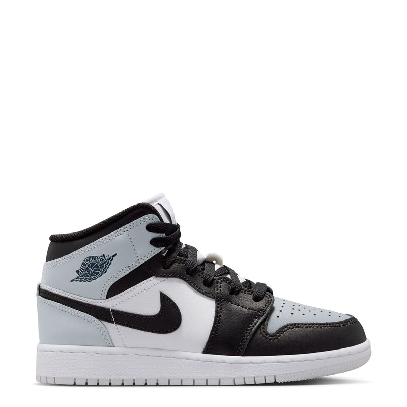 Youth high-top sneaker, light gray upper with black overlays, lace-up, Nike swoosh