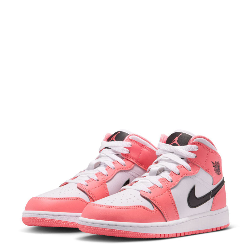 Youth mid-top sneakers with laces, pink and white panels, black side logo