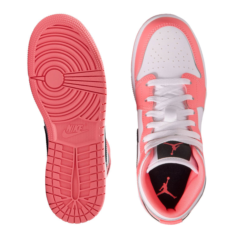 Youth mid-top sneakers outsole and toe view, pink tread sole with white laces