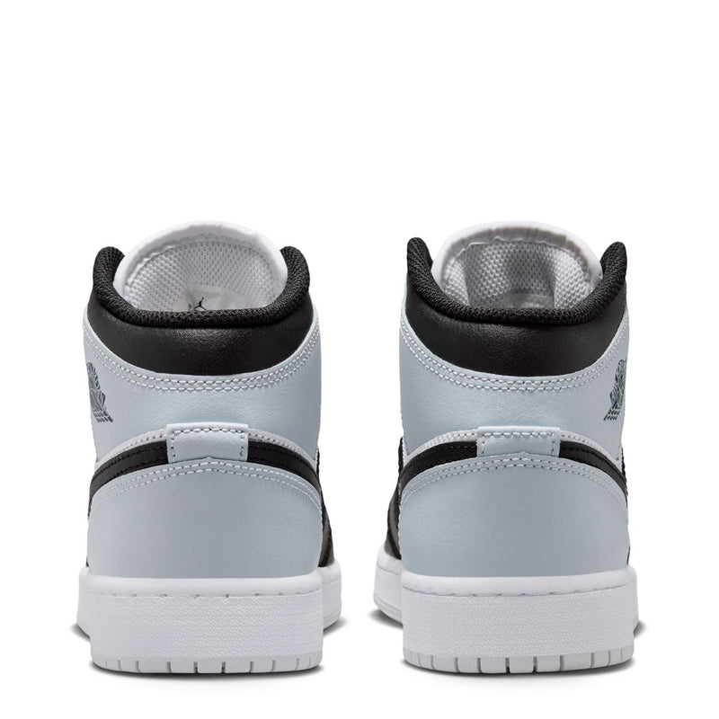 Youth high-top sneaker heel view, light gray back panel with black trim, flat outsole