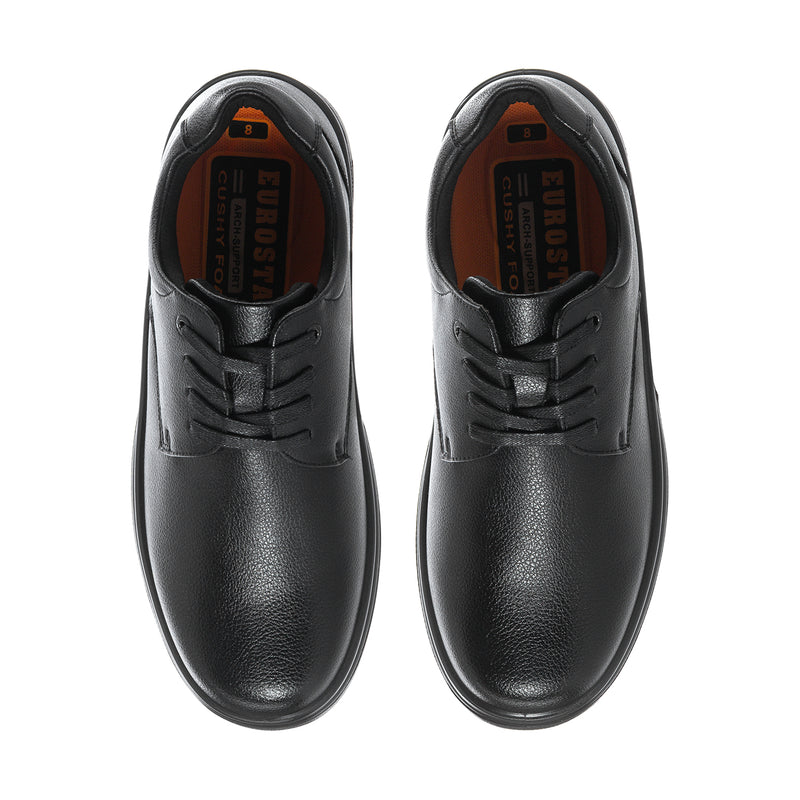 Black men's lace-up shoe with padded collar and orange-lined interior