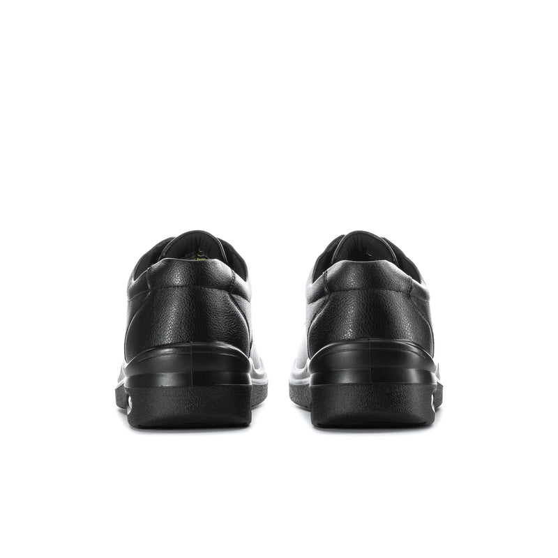 Black men's lace-up shoe, rear view with cushioned heel
