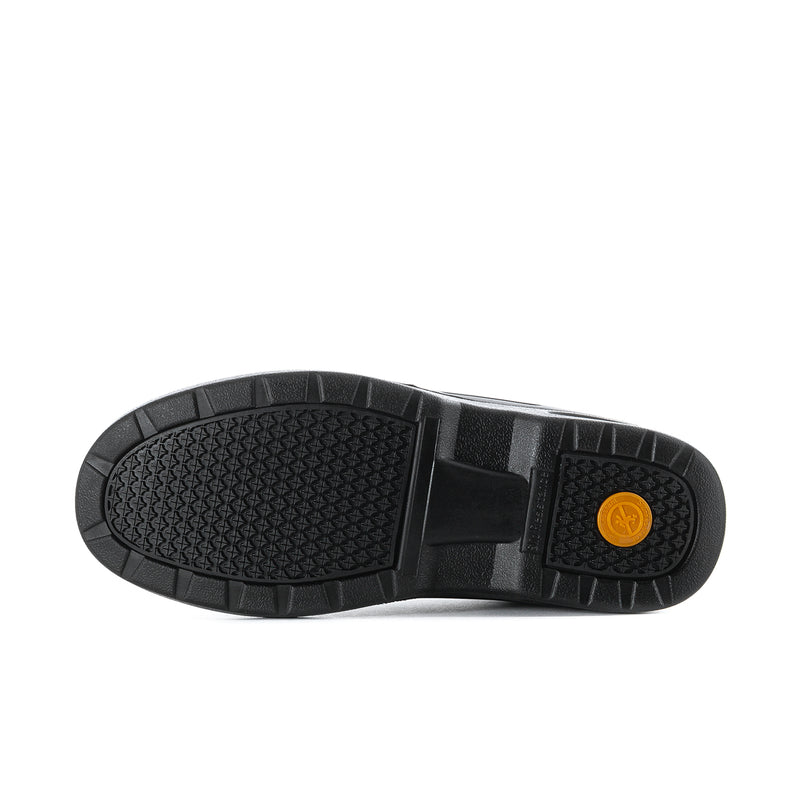 Black rubber outsole with traction tread and slip-resistant design