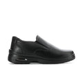Men's black slip-on work shoes with padded collar and low-profile sole