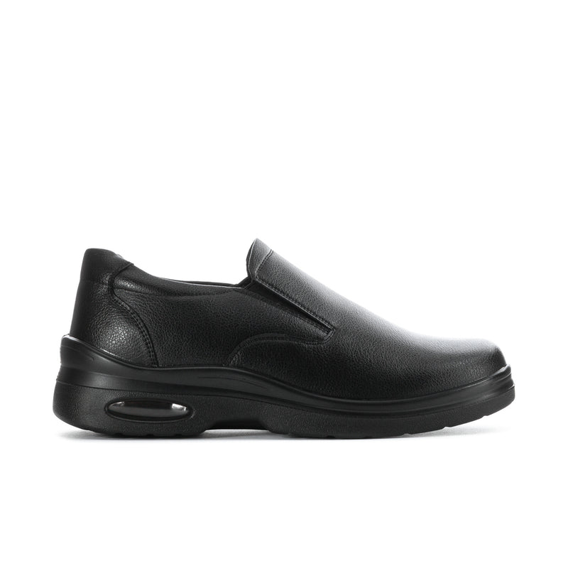 Men's black slip-on work shoes with padded collar and low-profile sole