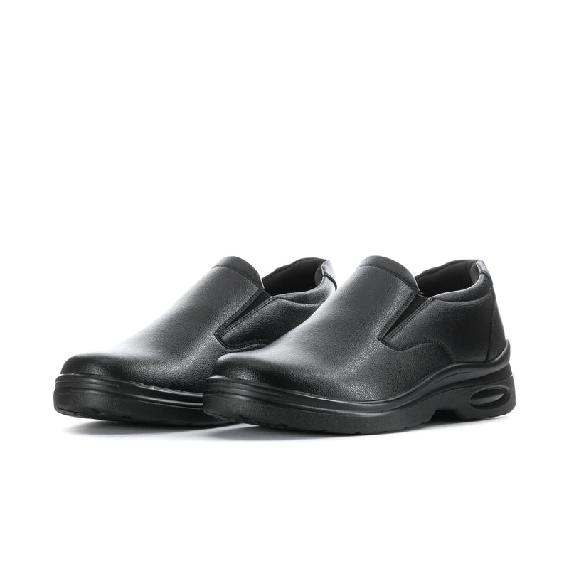 Men's black slip-on shoes with stitched upper and oval side vent detail