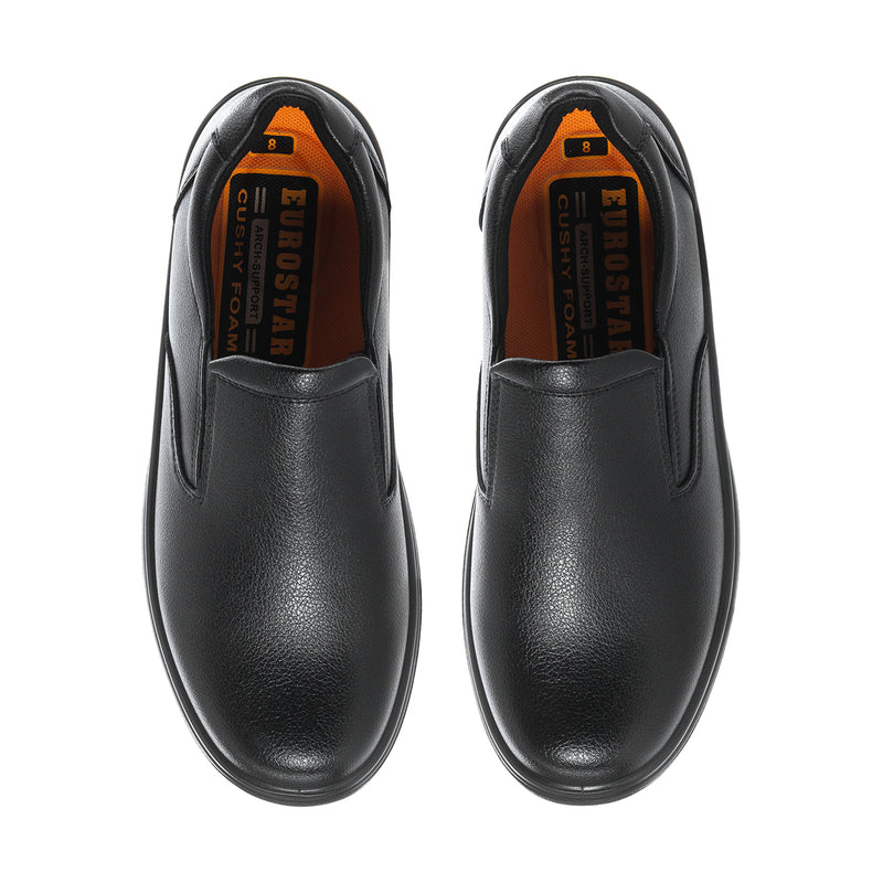 Pair of men's black slip-on shoes, front view with padded tongue and lining