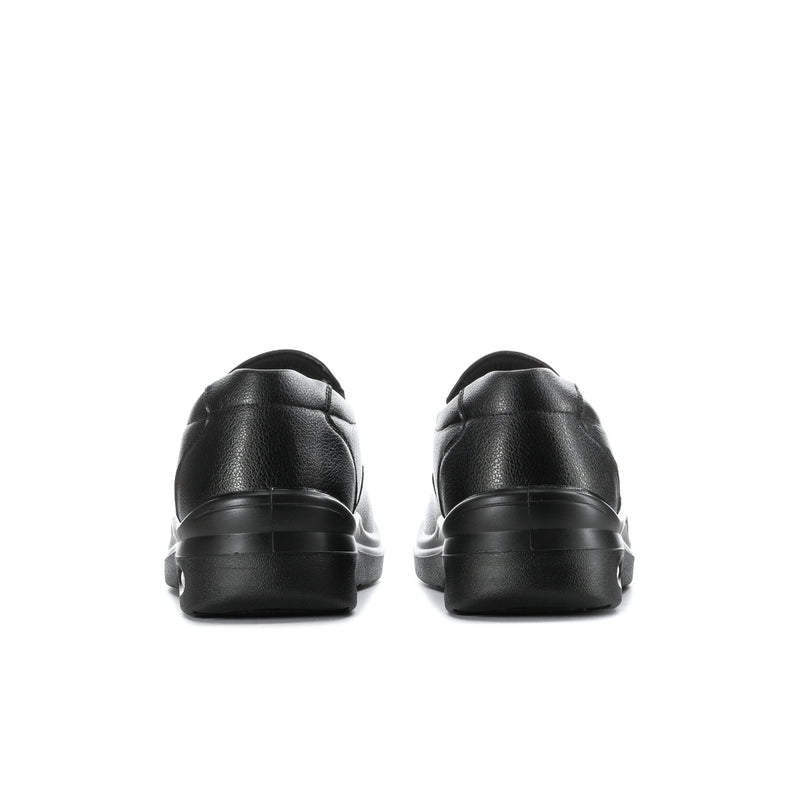 Back view of men's black slip-on shoes with heel cup and pull-on collar