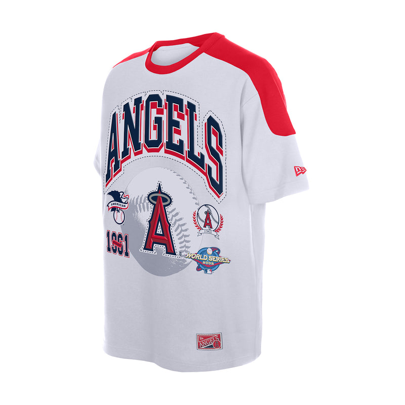 Men's white raglan varsity tee with red sleeves, Angels baseball logo and World Series graphic