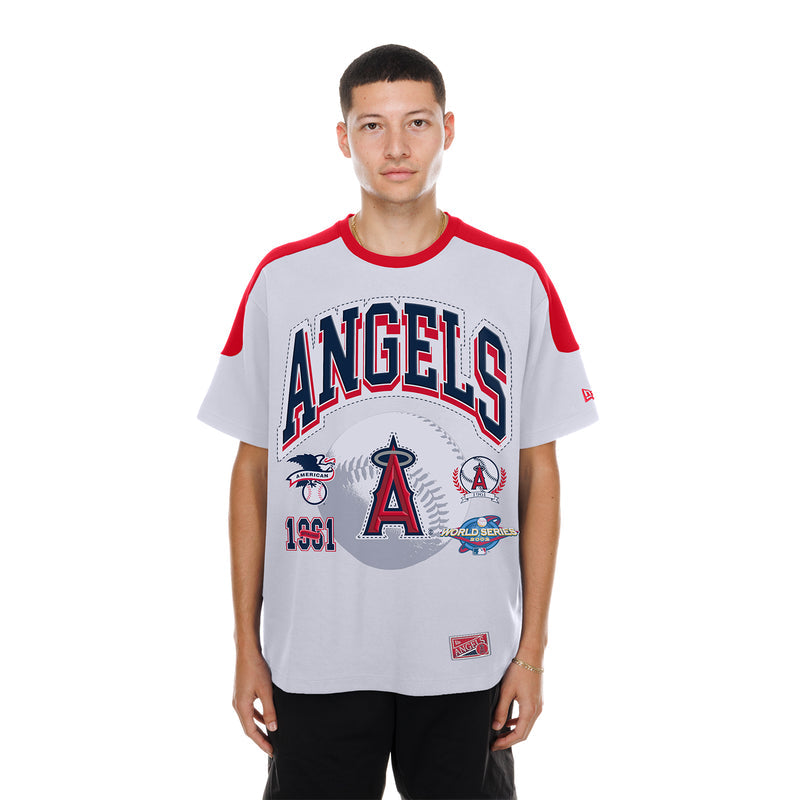 Men's white raglan varsity tee with red sleeves, Angels logo and World Series emblem