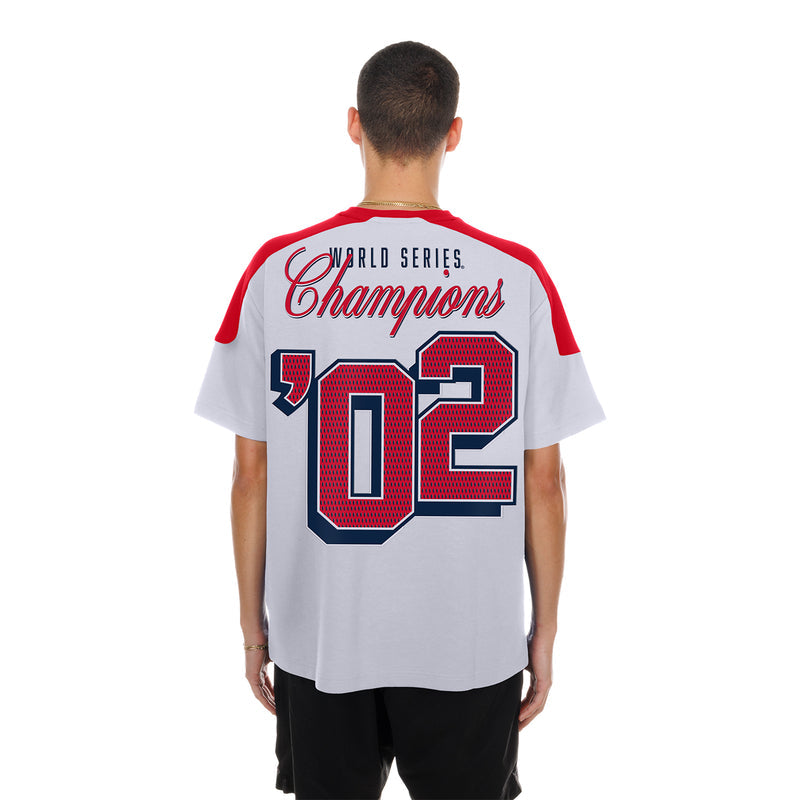 Men's white raglan varsity tee with red sleeves, back print 'World Series Champions 92'