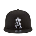 Black baseball cap with white A logo and flat brim snapback