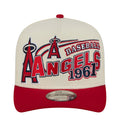 Two-tone baseball cap with white crown and red brim, snapback, front logo embroidery