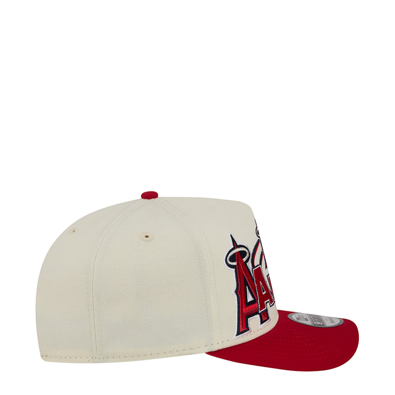 Two-tone baseball cap angled view, white crown with red underbrim and side logo