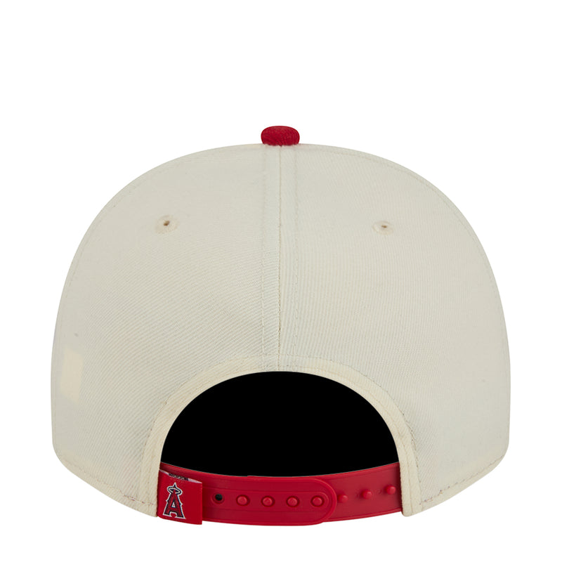Two-tone baseball cap back view, white crown with red inner band and small A logo
