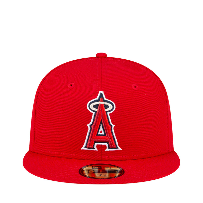 Red baseball cap with embroidered Angels “A” logo on the front