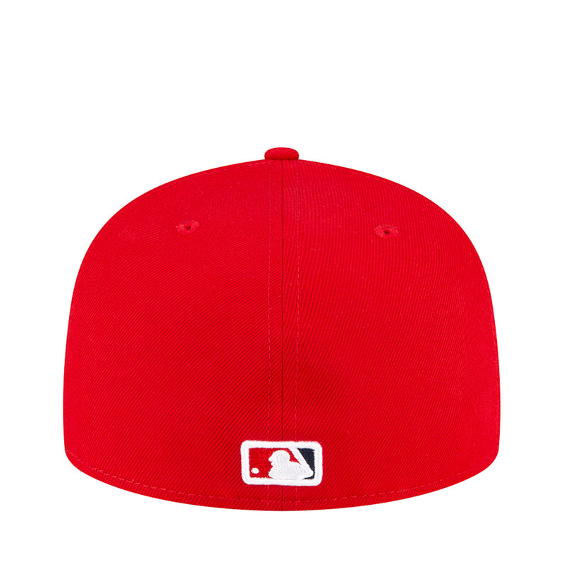 Red baseball cap with embroidered MLB logo at the back