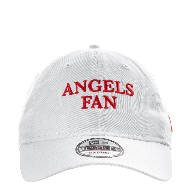 White baseball cap with red “Angels Fan” front logo and adjustable strap