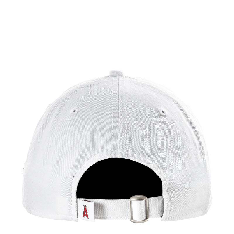 White baseball cap with metal buckle adjuster and small red A detail on back