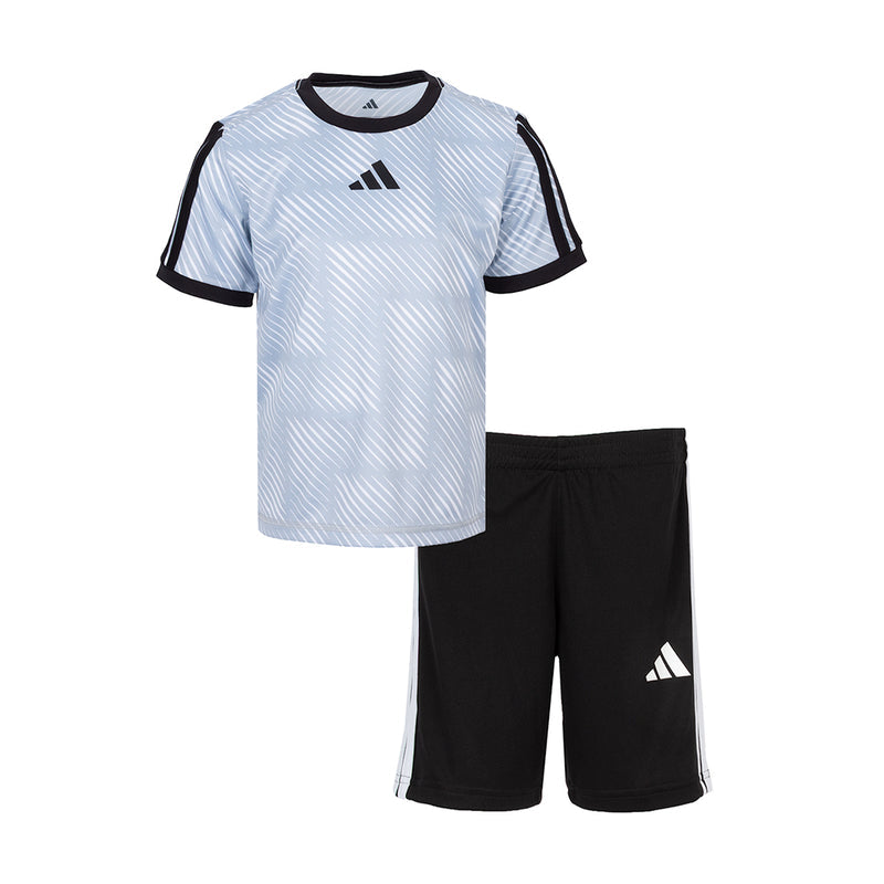 Kids soccer set with light blue patterned jersey and black-trim shorts, matching logos