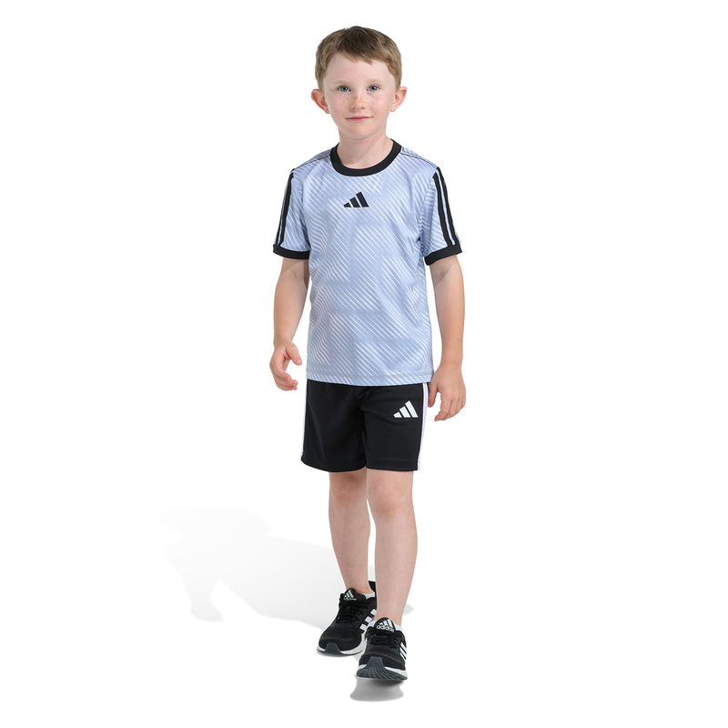 Kids soccer set: light blue patterned jersey with black collar and black shorts with logo