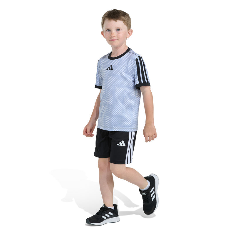 Kids soccer set front view: light blue patterned jersey with black collar and black shorts