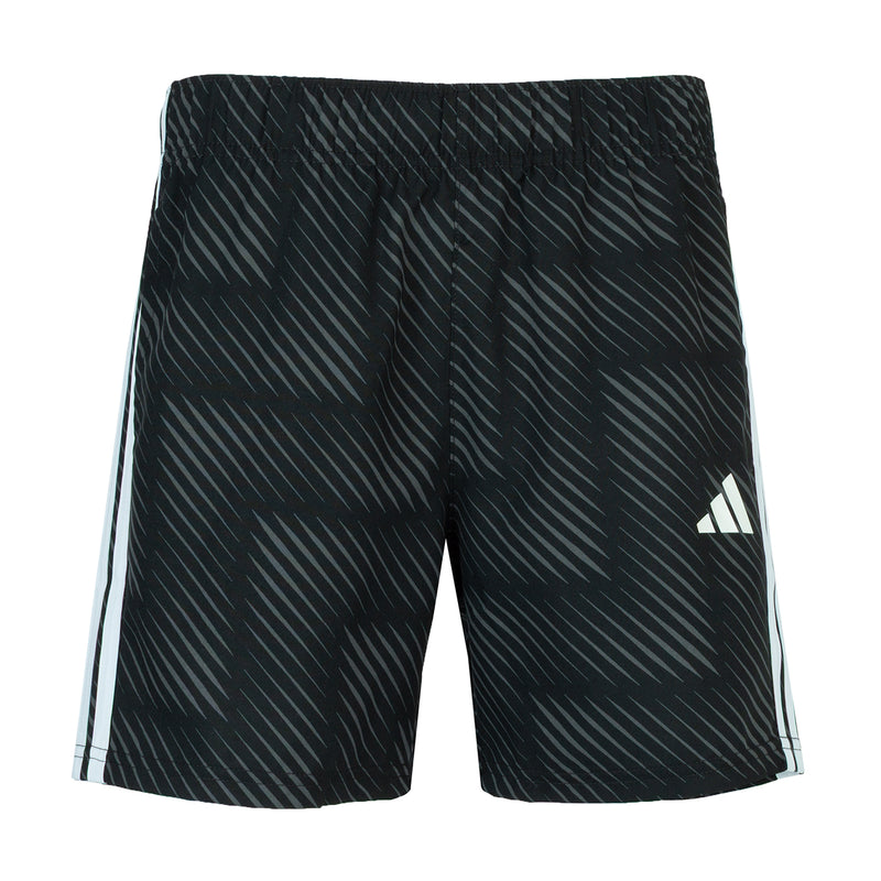 Youth black soccer shorts with subtle pattern, white side stripes, and adidas logo.