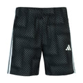 Youth black soccer shorts with subtle pattern, white side stripes, and adidas logo.