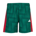 Youth soccer shorts in dark green with zebra-like texture and red side stripes