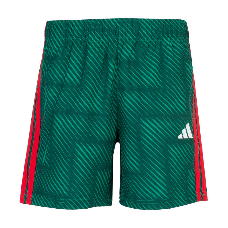 Youth soccer shorts in dark green with zebra-like texture and red side stripes