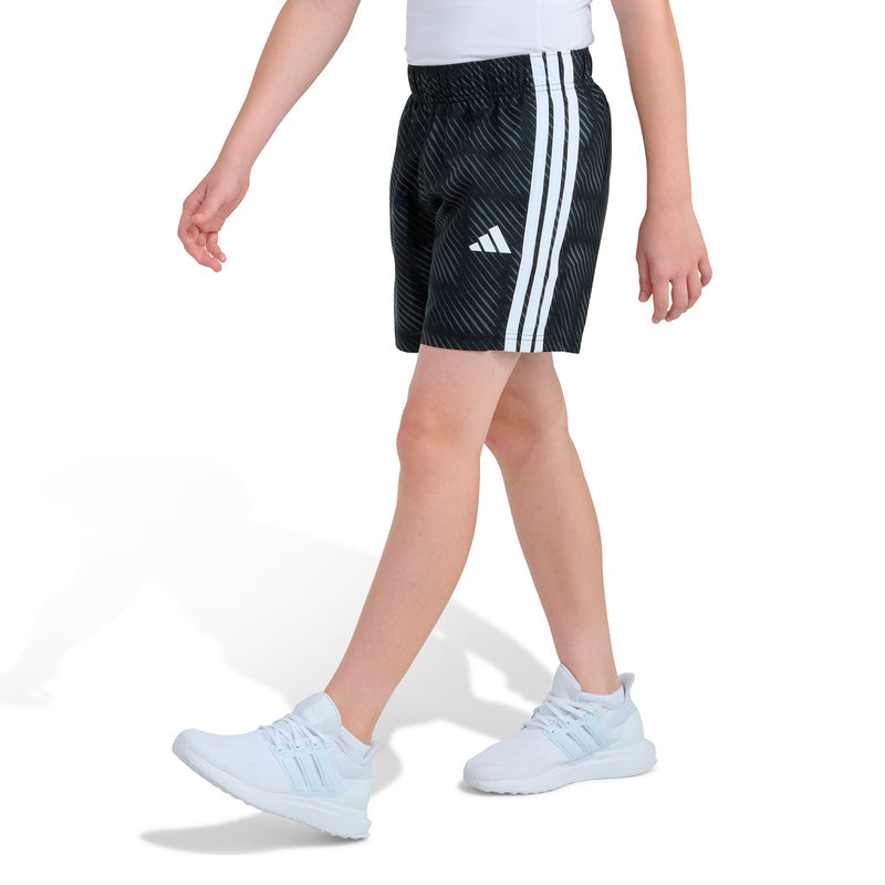 Youth black soccer shorts with white vertical side stripes and adidas logo at hem.