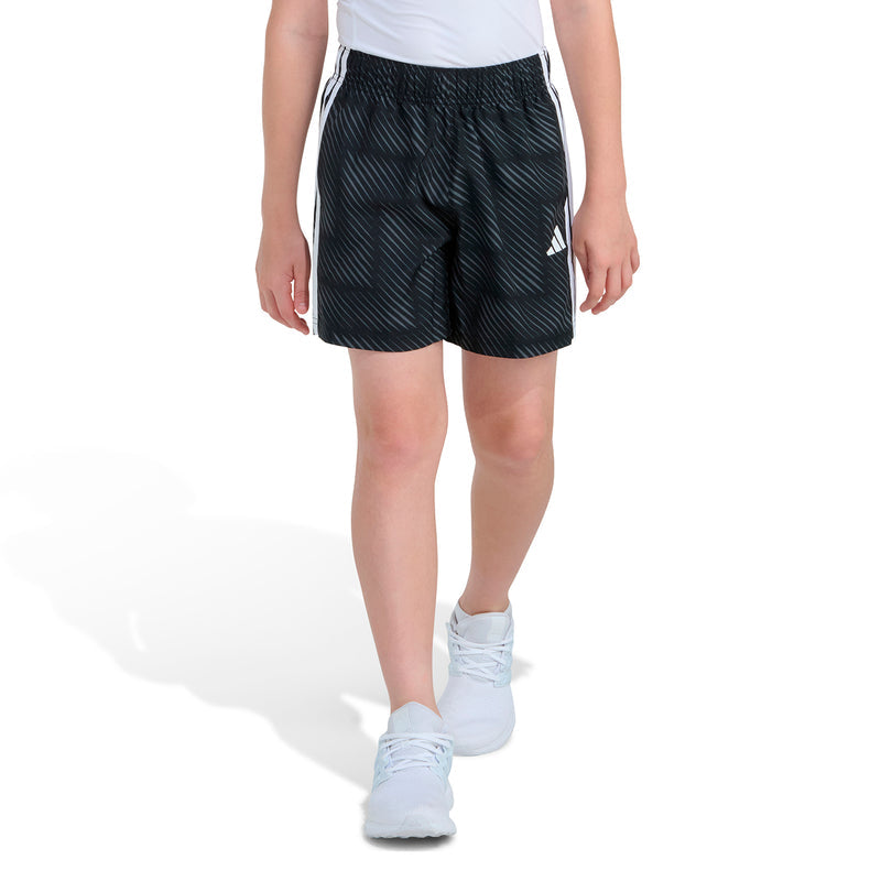 Youth black soccer shorts with white side stripes, standing rear view, adidas logo.