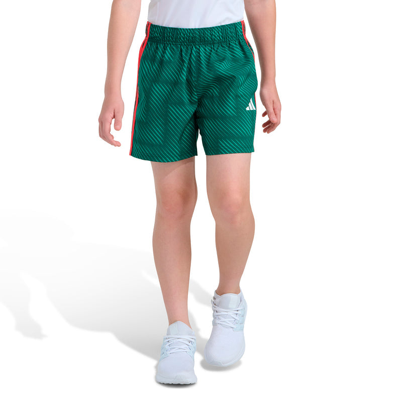 Youth dark green soccer shorts with red stripe trim along the waistband and sides