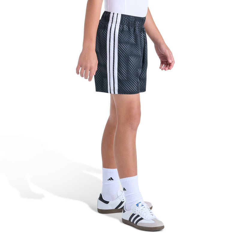 Youth black soccer shorts with white side stripes, adidas logo near lower leg.