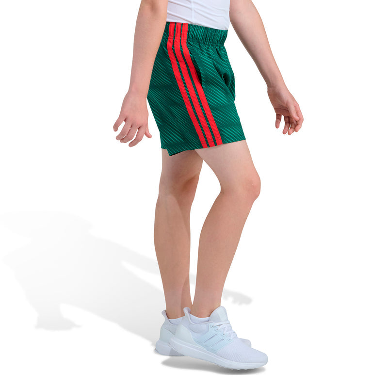 Youth soccer shorts, dark green with vertical red triple stripes on side panels