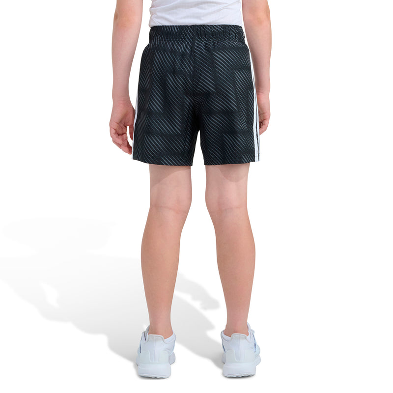 Youth black soccer shorts with subtle pattern and white side stripes, rear view.