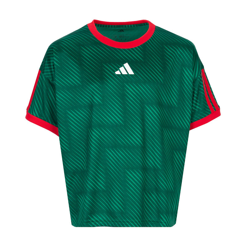 Youth soccer top in bold green with red crew collar and adidas logo at chest