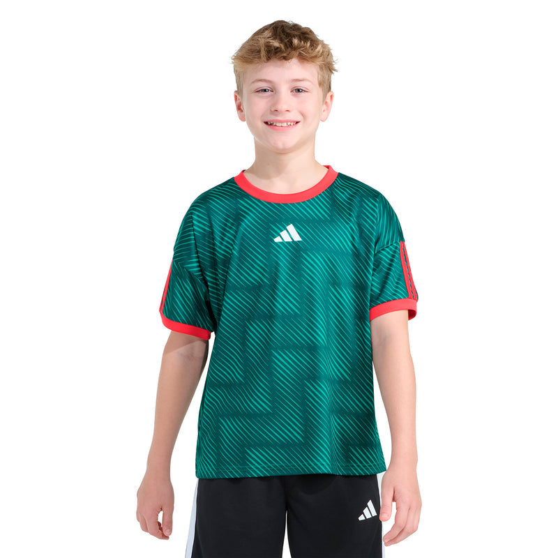 Youth soccer top, front view: bold green with red trim and small adidas chest logo