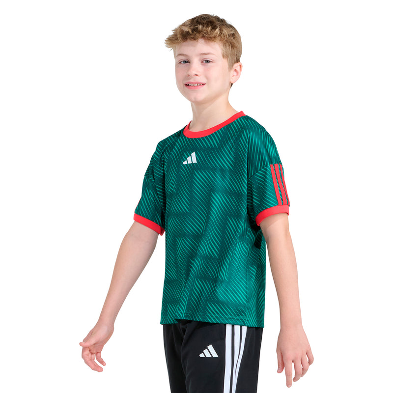 Youth soccer top, angled view: bold green with red collar and adidas logo