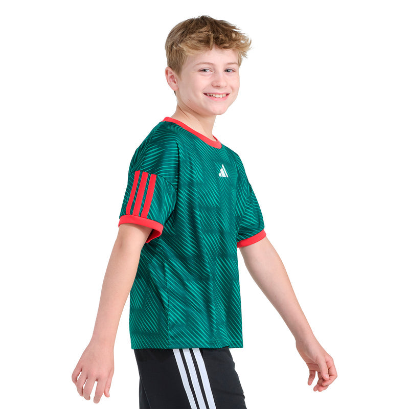 Youth soccer top sleeve: bold green with red adidas stripes and red edge