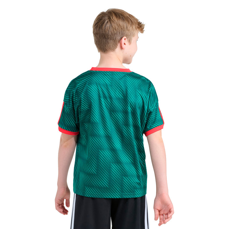 Youth soccer top back view: bold green with red collar and adidas logo