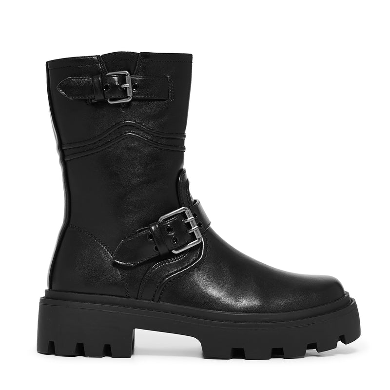 Black leather boot with buckles on a white background