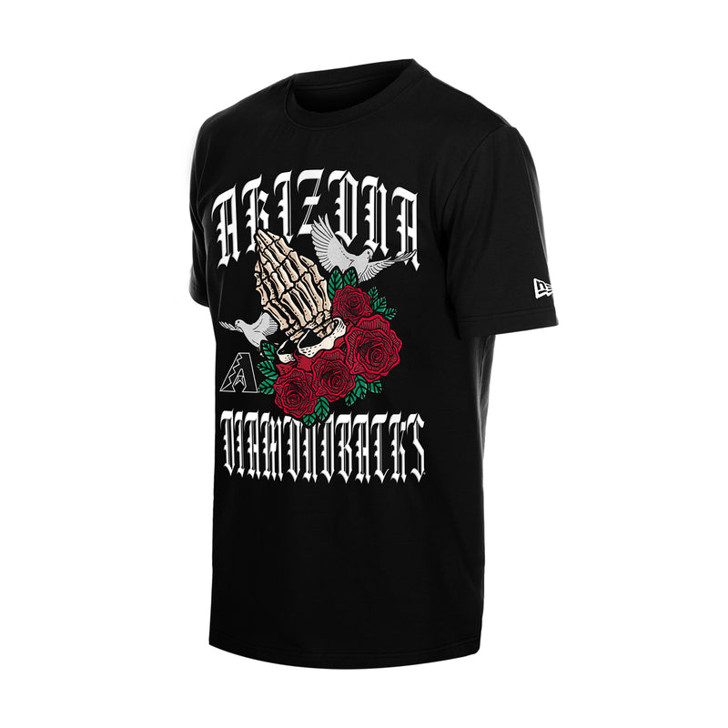 Men's black gothic graphic tee with hand, red roses, and bold white lettering