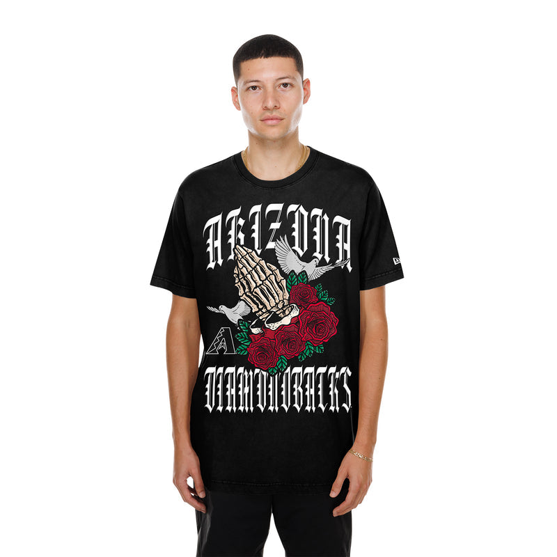 Men's black gothic graphic tee front view with hand, red roses, and white lettering